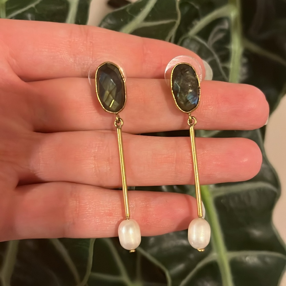 Brass Labradorite and pearl dangle earrings